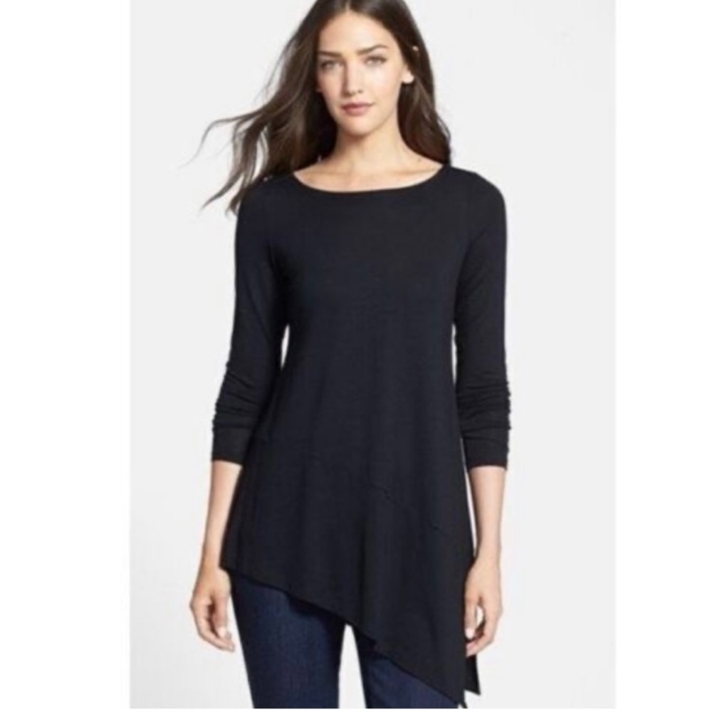 Eileen Fisher Bateau Neck Asymmetrical Jersey Tunic Shirt Slant Hem Black Small
